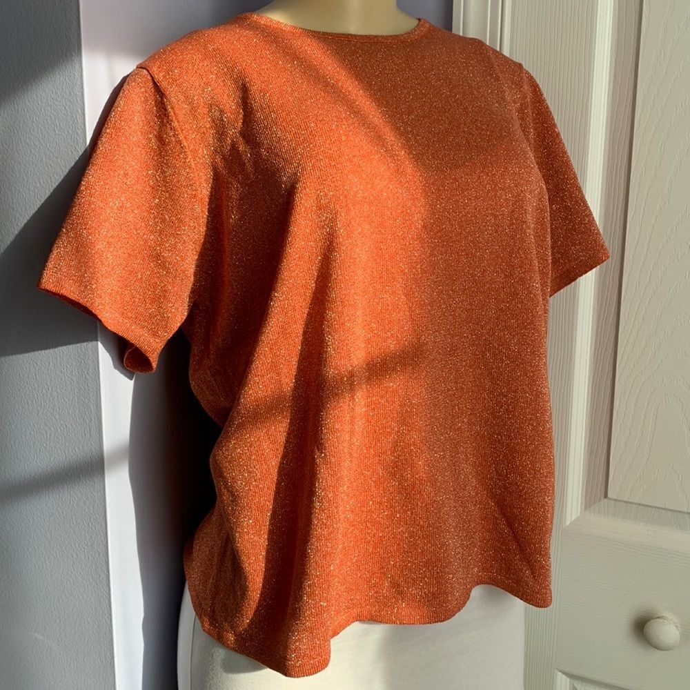 Susan Graver Style QVC Sparkling Sweater Short Sleeves Top L Orange/Gold